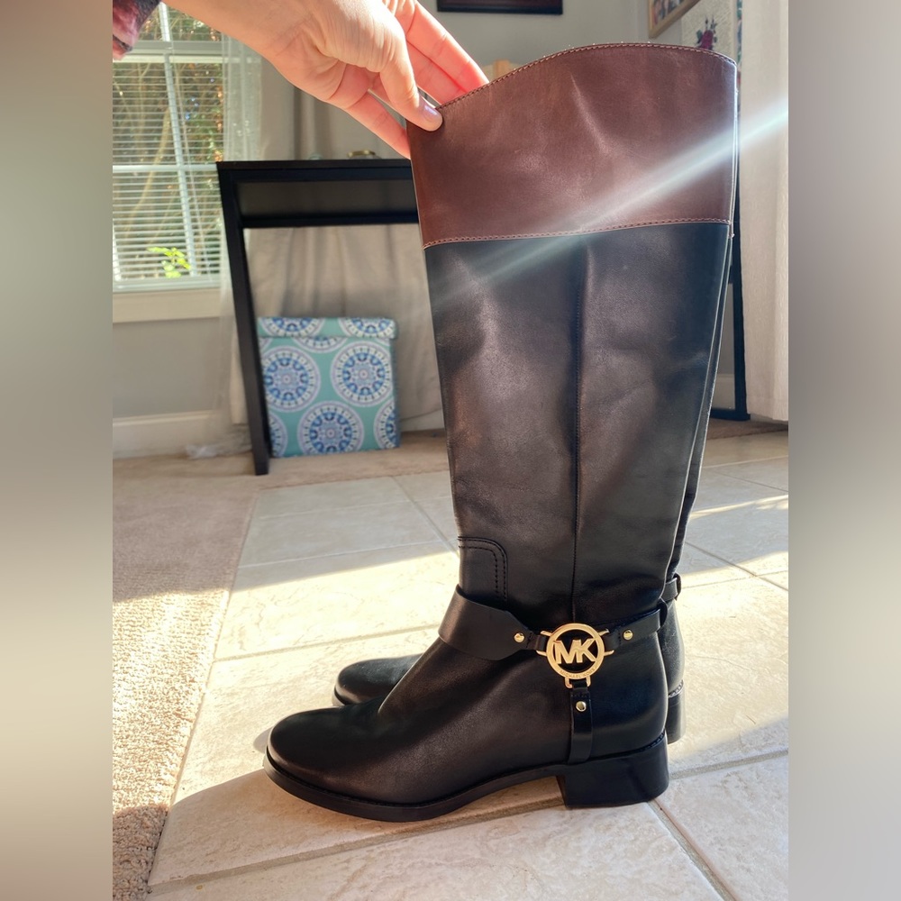 Michael Kors Fulton Leather Black and Brown Riding Boots